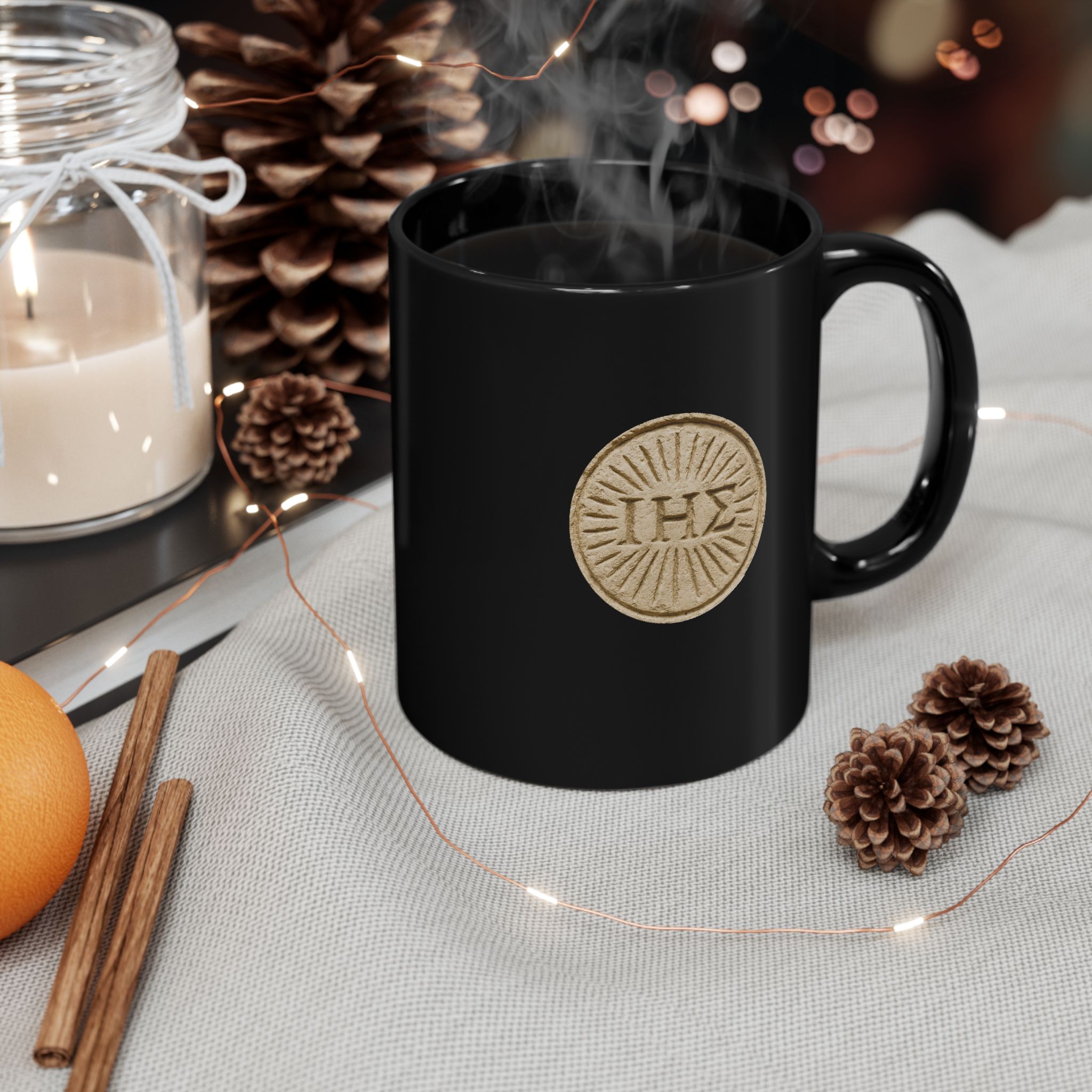 ΙΗΣ Mug – The Name Above Every Name | Christian Greek Letter Coffee Cup Black Mug (11oz) - Image 3