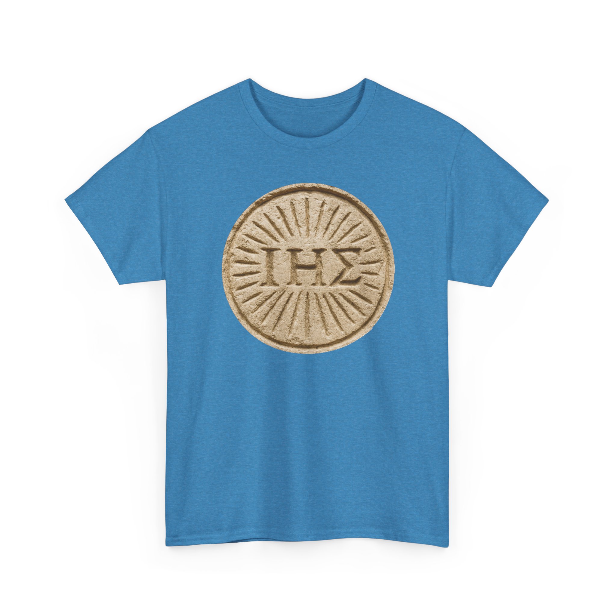 ΙΗΣ (IHS) Greek Christogram Sunburst | Christian Faith Symbol Shirt / Print on Heavy Cotton Tee - Image 5
