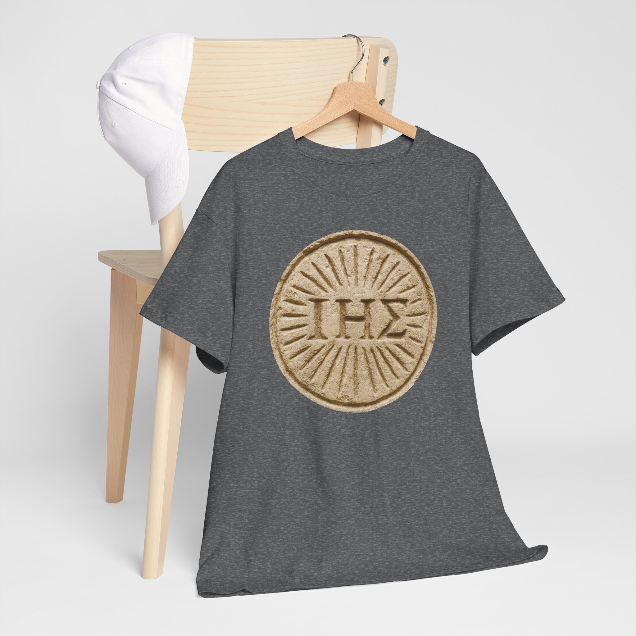 ΙΗΣ (IHS) Greek Christogram Sunburst | Christian Faith Symbol Shirt / Print on Heavy Cotton Tee - Image 13