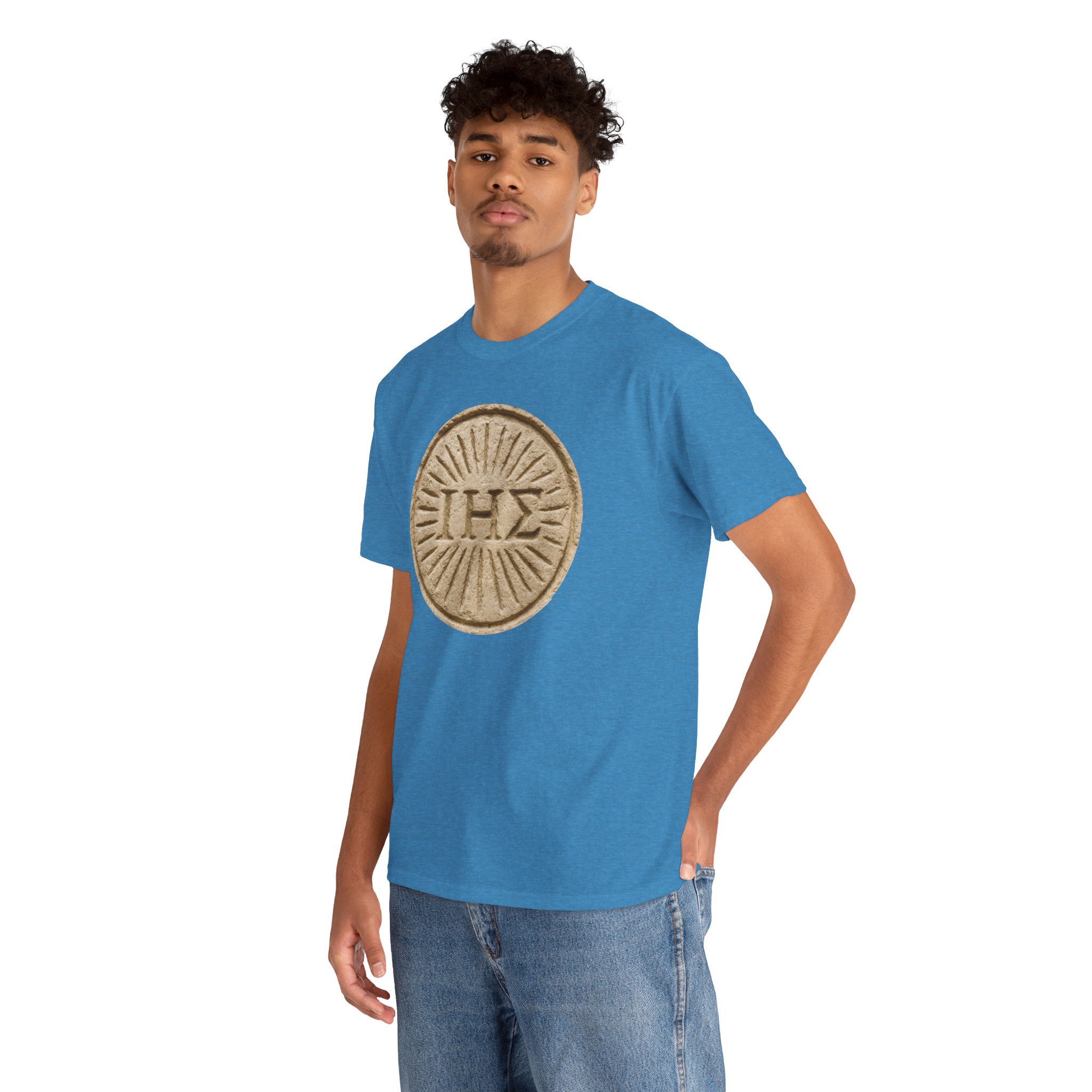 ΙΗΣ (IHS) Greek Christogram Sunburst | Christian Faith Symbol Shirt / Print on Heavy Cotton Tee - Image 6