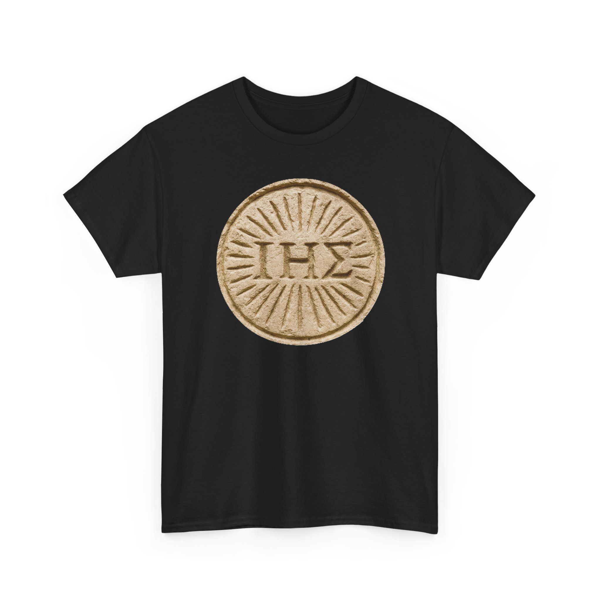 ΙΗΣ (IHS) Greek Christogram Sunburst | Christian Faith Symbol Shirt / Print on Heavy Cotton Tee - Image 3