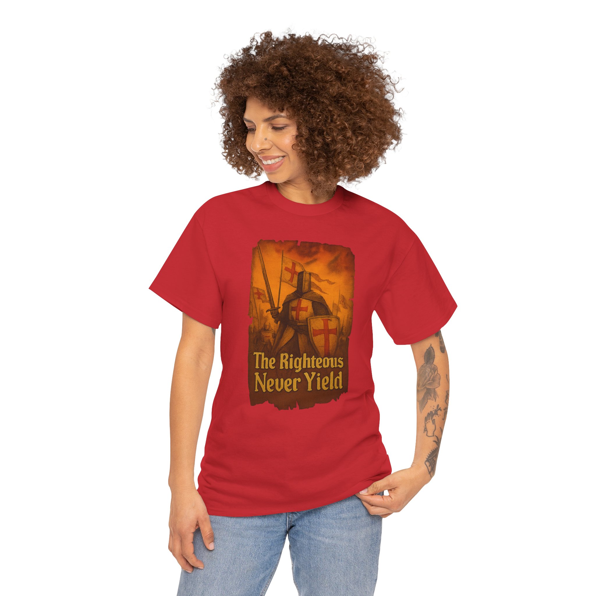 The Righteous Never Yield in bold medieval font - Unisex Heavy Cotton Tee - Image 32