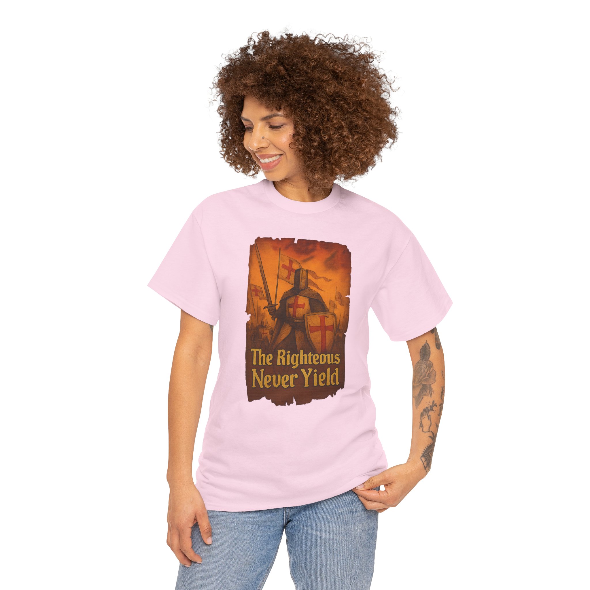 The Righteous Never Yield in bold medieval font - Unisex Heavy Cotton Tee - Image 29
