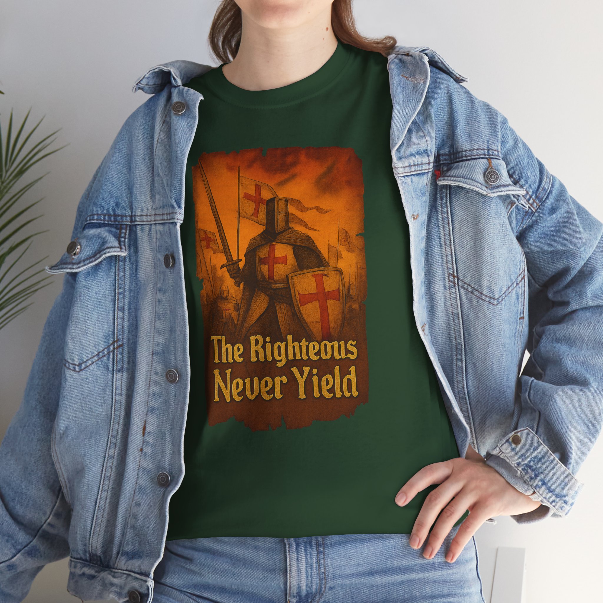 The Righteous Never Yield in bold medieval font - Unisex Heavy Cotton Tee - Image 3