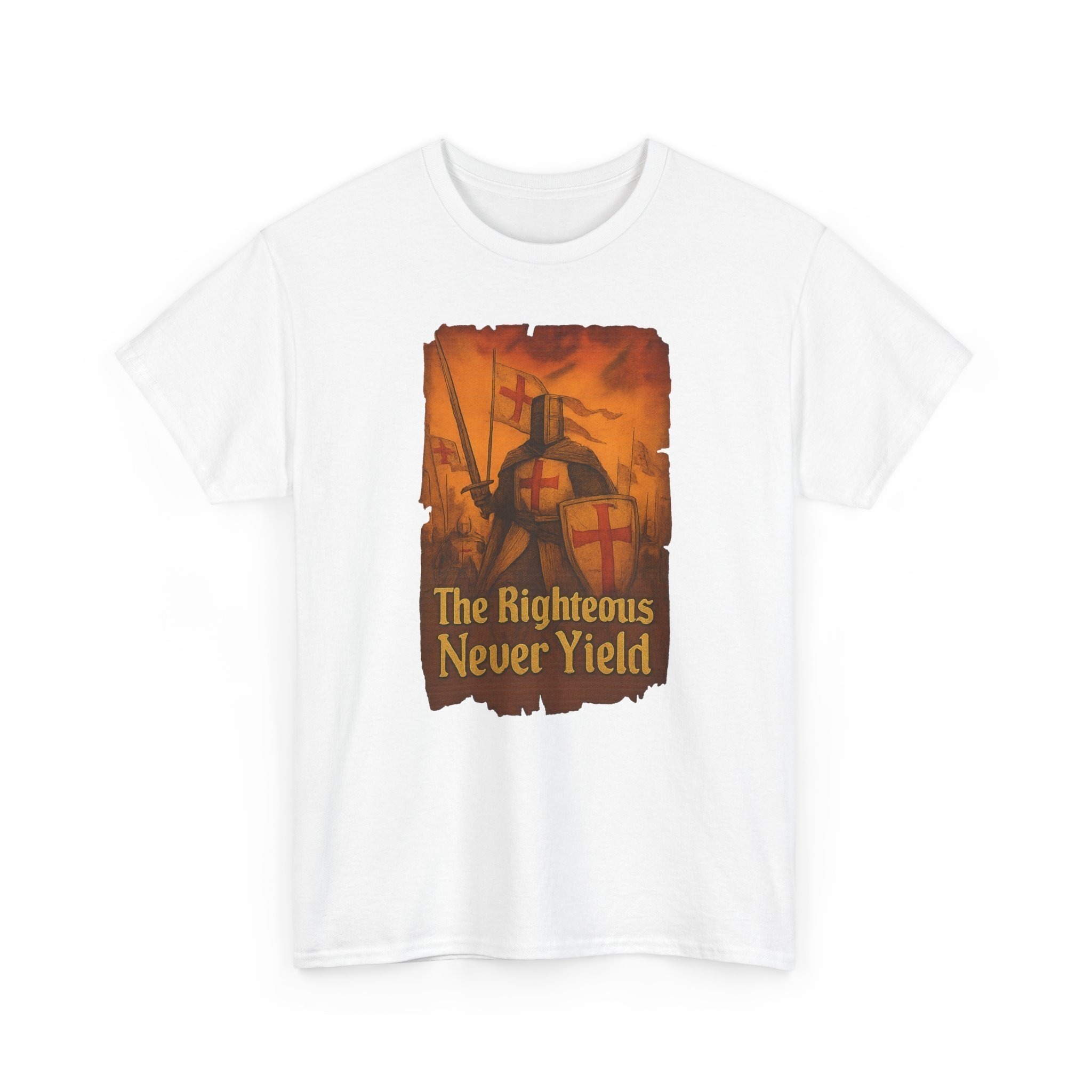 The Righteous Never Yield in bold medieval font - Unisex Heavy Cotton Tee - Image 4