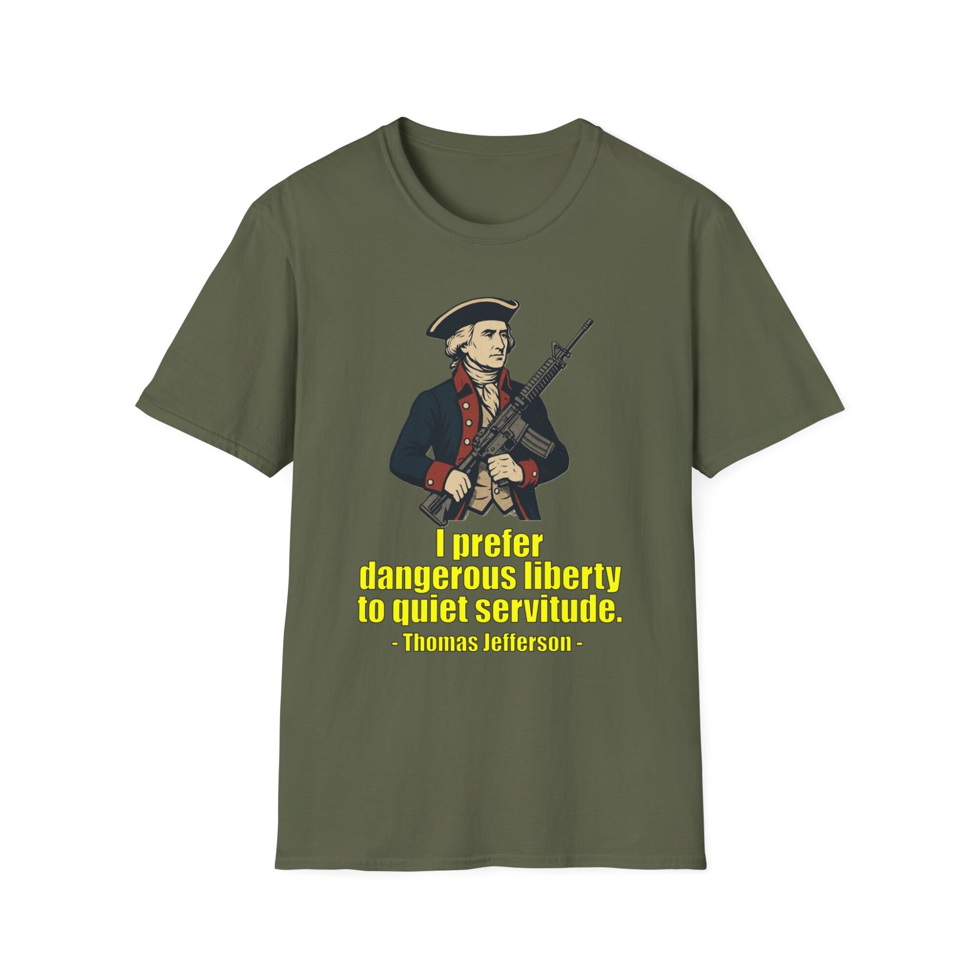 “Dangerous Liberty” Thomas Jefferson Quote T-Shirt – Revolutionary War Style with Modern AR-15 – Patriotic Graphic Tee