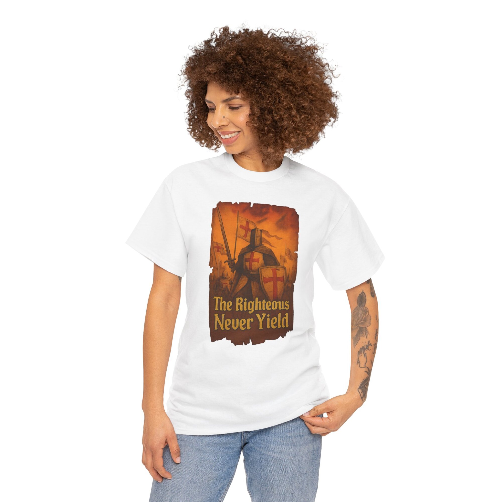 The Righteous Never Yield in bold medieval font - Unisex Heavy Cotton Tee - Image 2