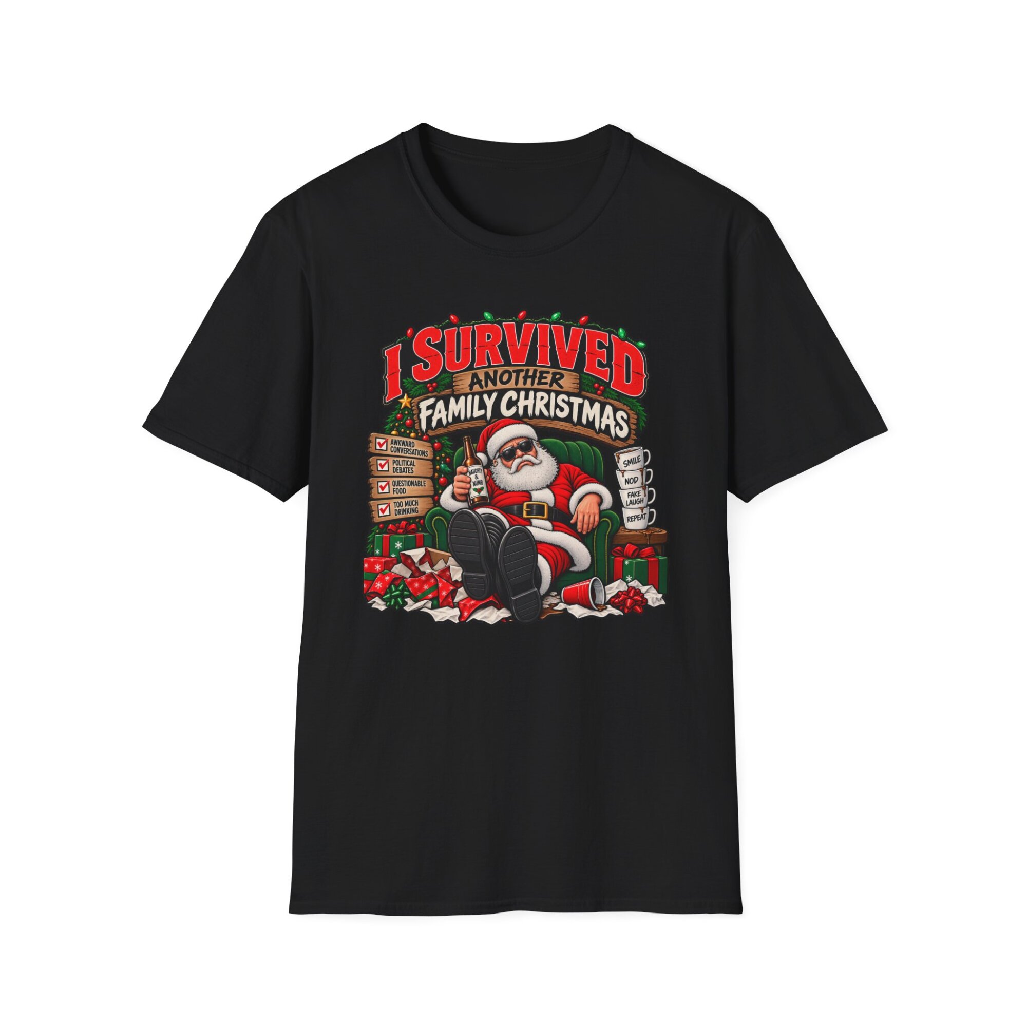 I Survived Another Family Christmas T-Shirt, Santa Chair Design S015 - Image 2