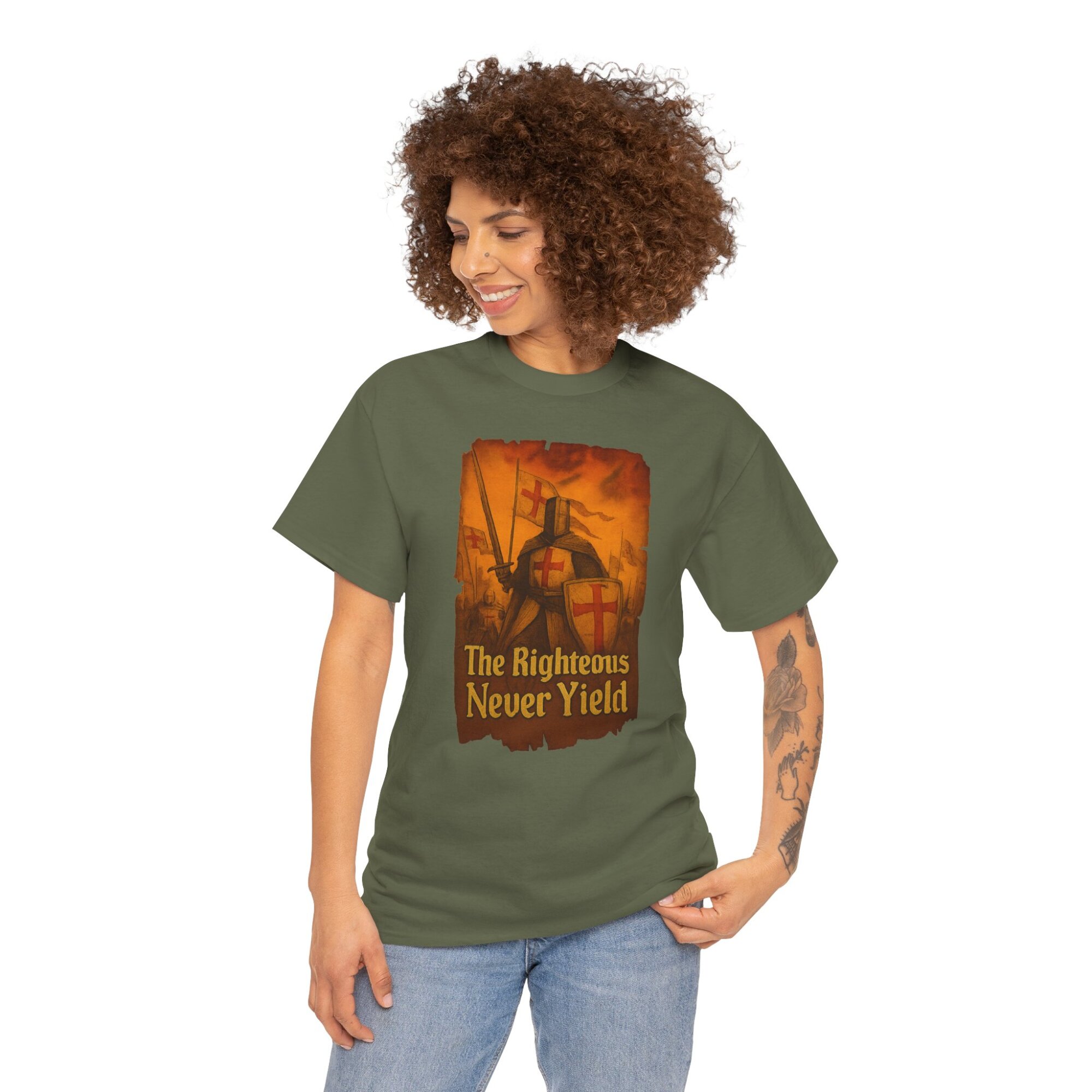 The Righteous Never Yield in bold medieval font - Unisex Heavy Cotton Tee - Image 6