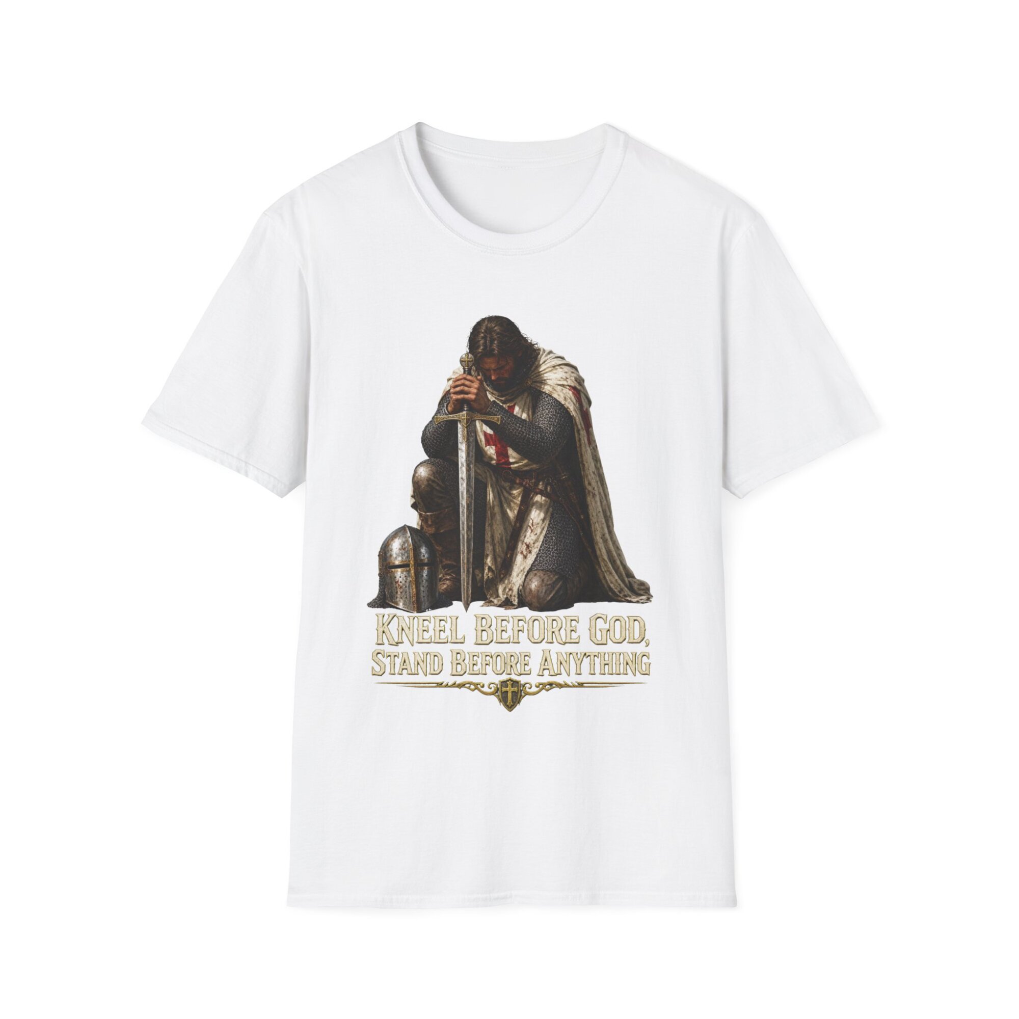 Medieval Knight Kneeling Before God T-Shirt | Religious Armor Design C014