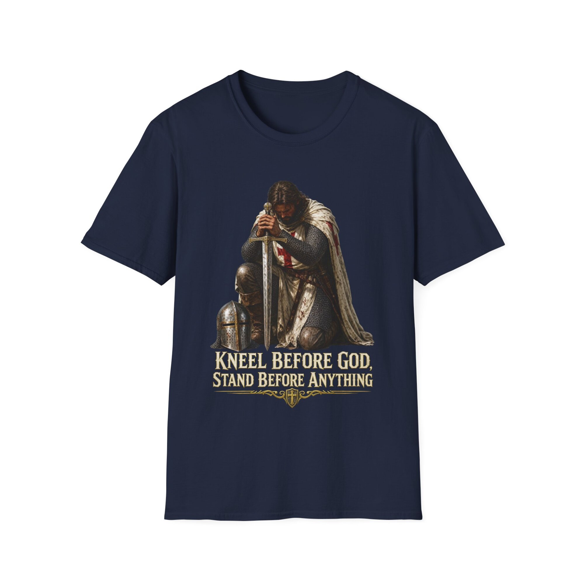 Medieval Knight Kneeling Before God T-Shirt | Religious Armor Design C014 - Image 6