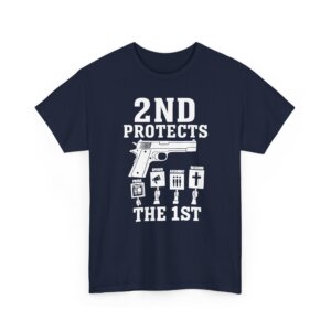 2ND Protects the 1ST T-Shirt - Bold Patriotic Design with 1911 Pistol & First Amendment Icons - Unisex Heavy Cotton Tee