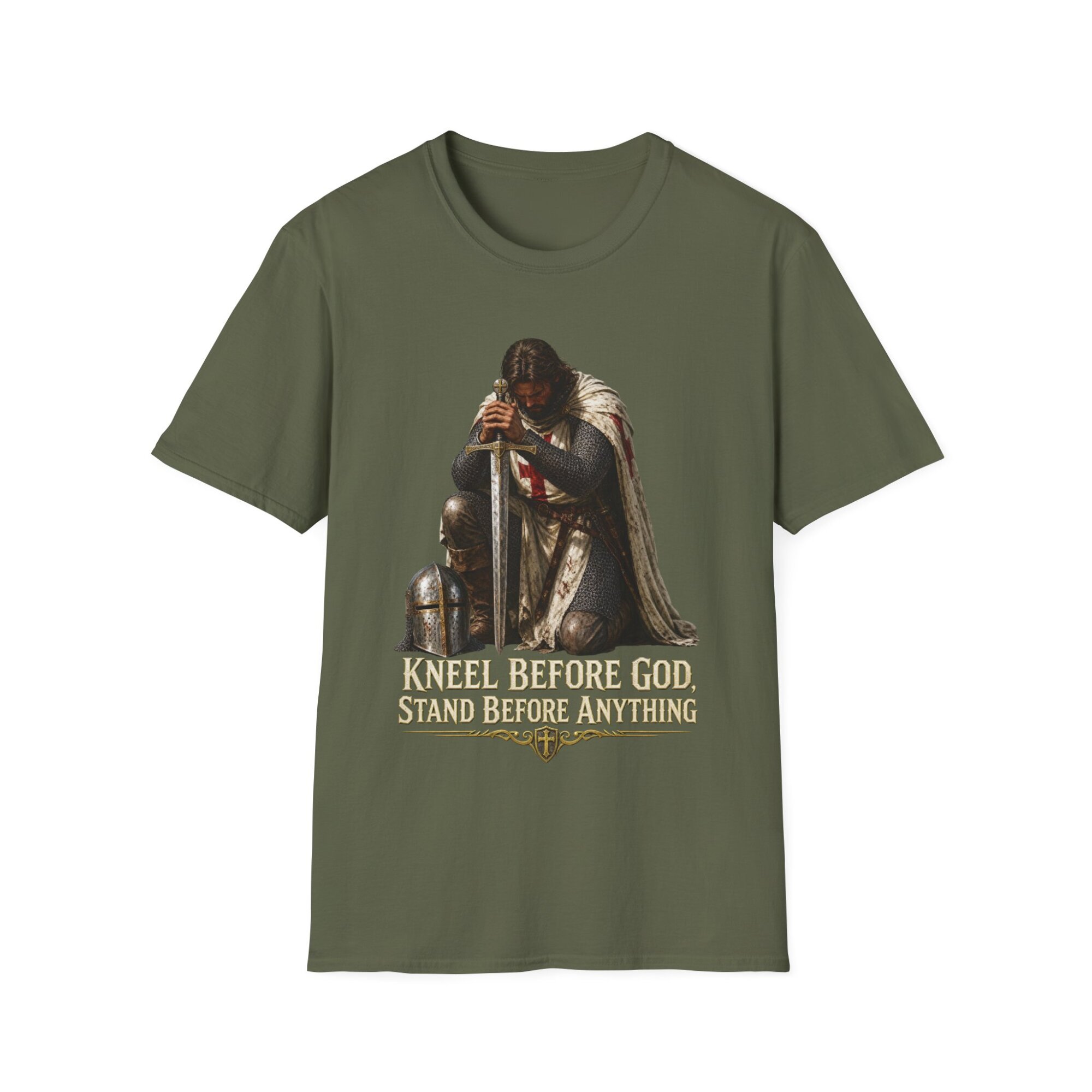 Medieval Knight Kneeling Before God T-Shirt | Religious Armor Design C014 - Image 3