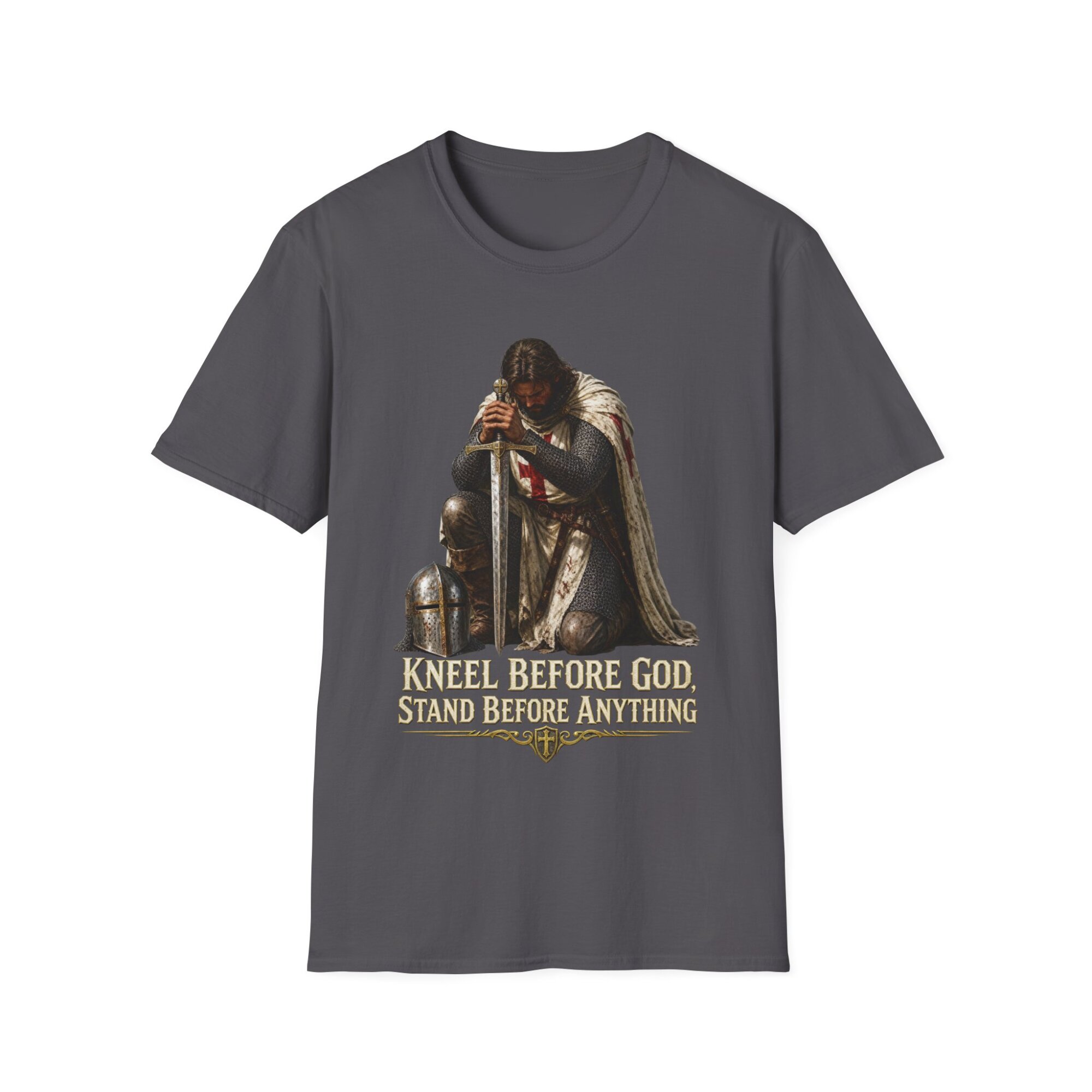 Medieval Knight Kneeling Before God T-Shirt | Religious Armor Design C014 - Image 5