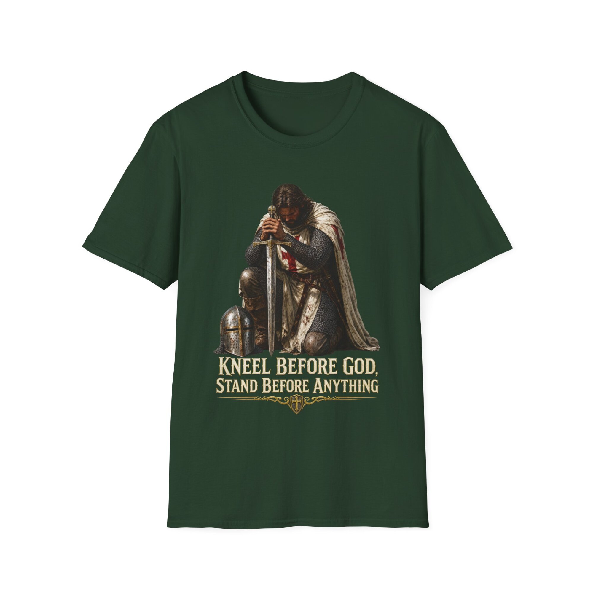 Medieval Knight Kneeling Before God T-Shirt | Religious Armor Design C014 - Image 4