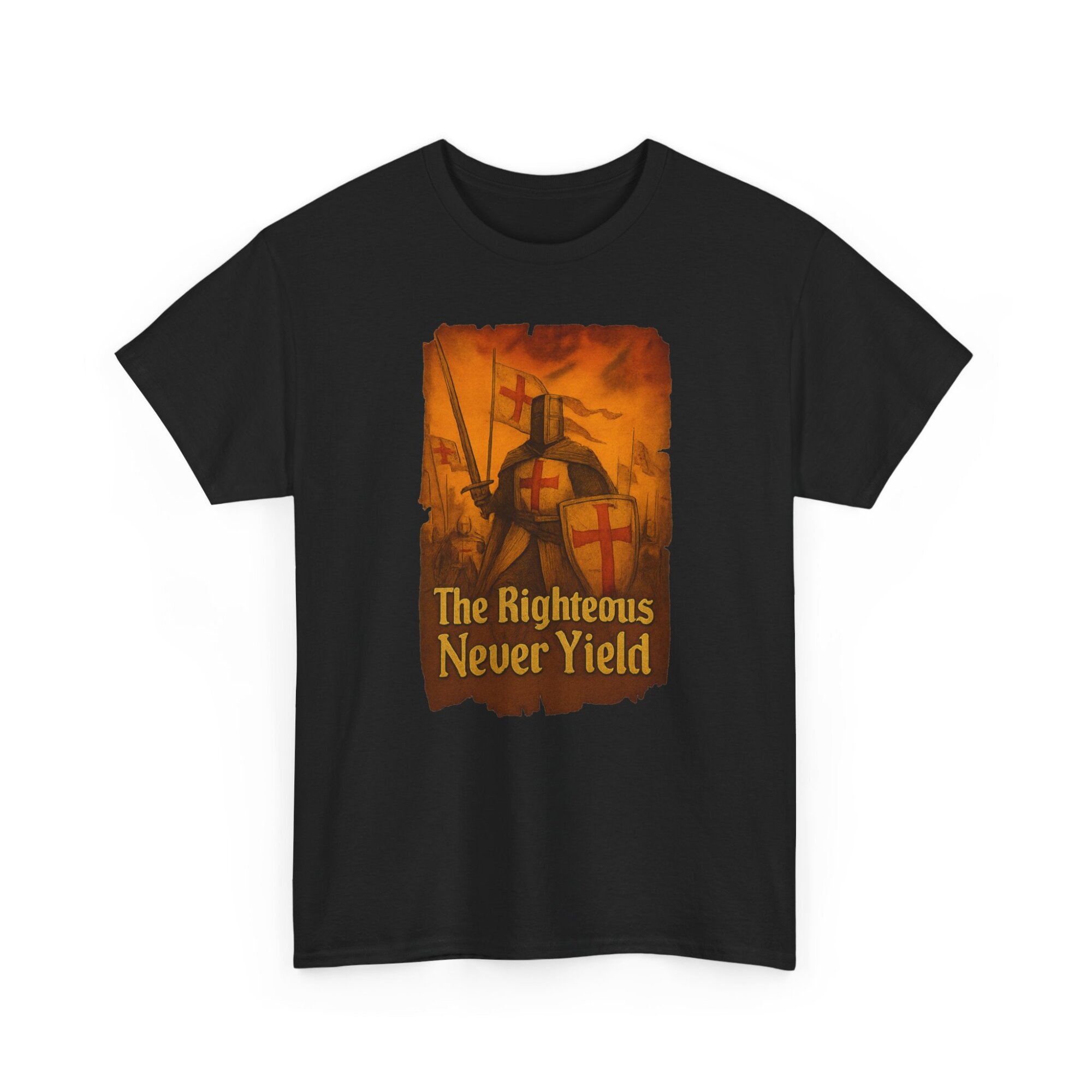 The Righteous Never Yield in bold medieval font - Unisex Heavy Cotton Tee - Image 3