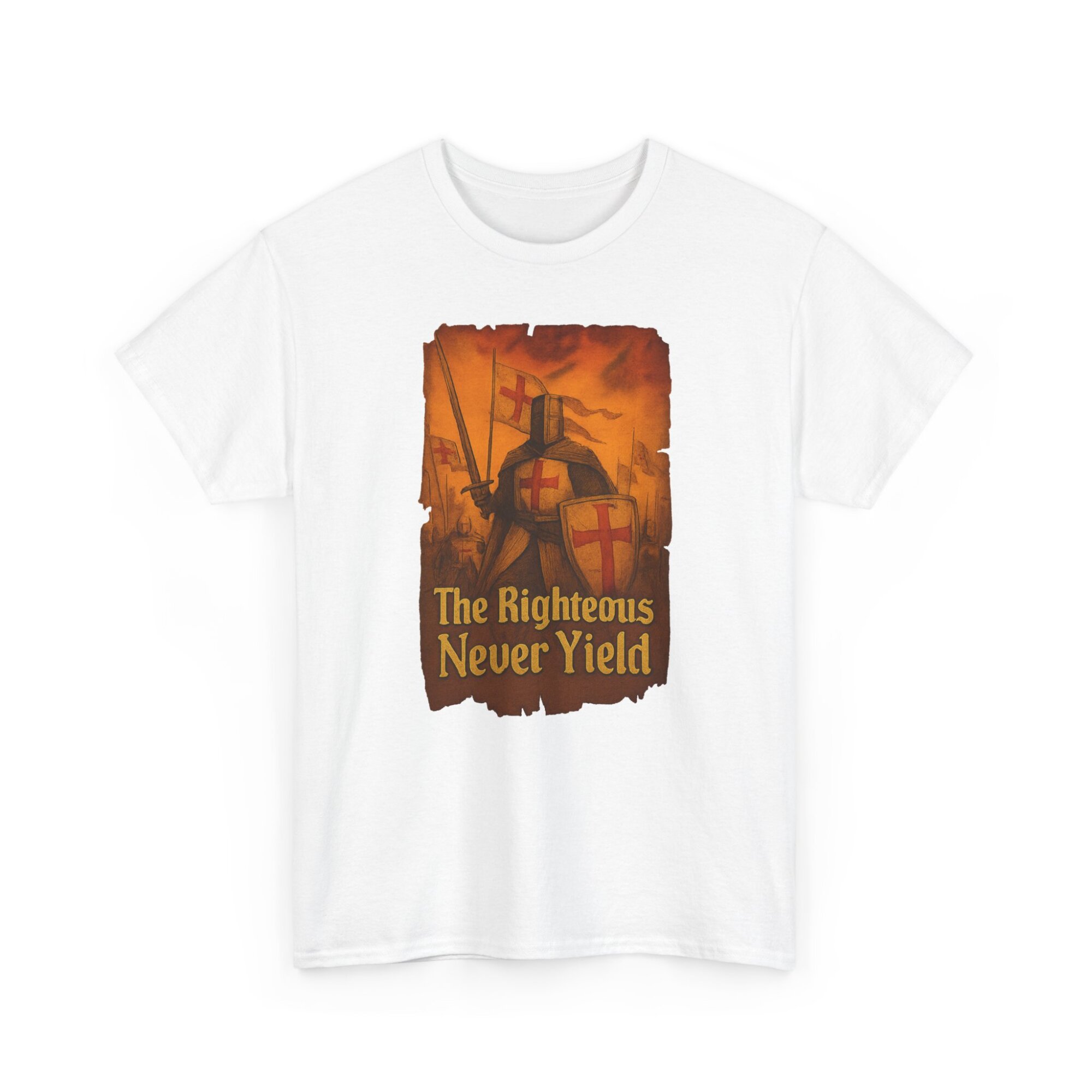 The Righteous Never Yield in bold medieval font - Unisex Heavy Cotton Tee