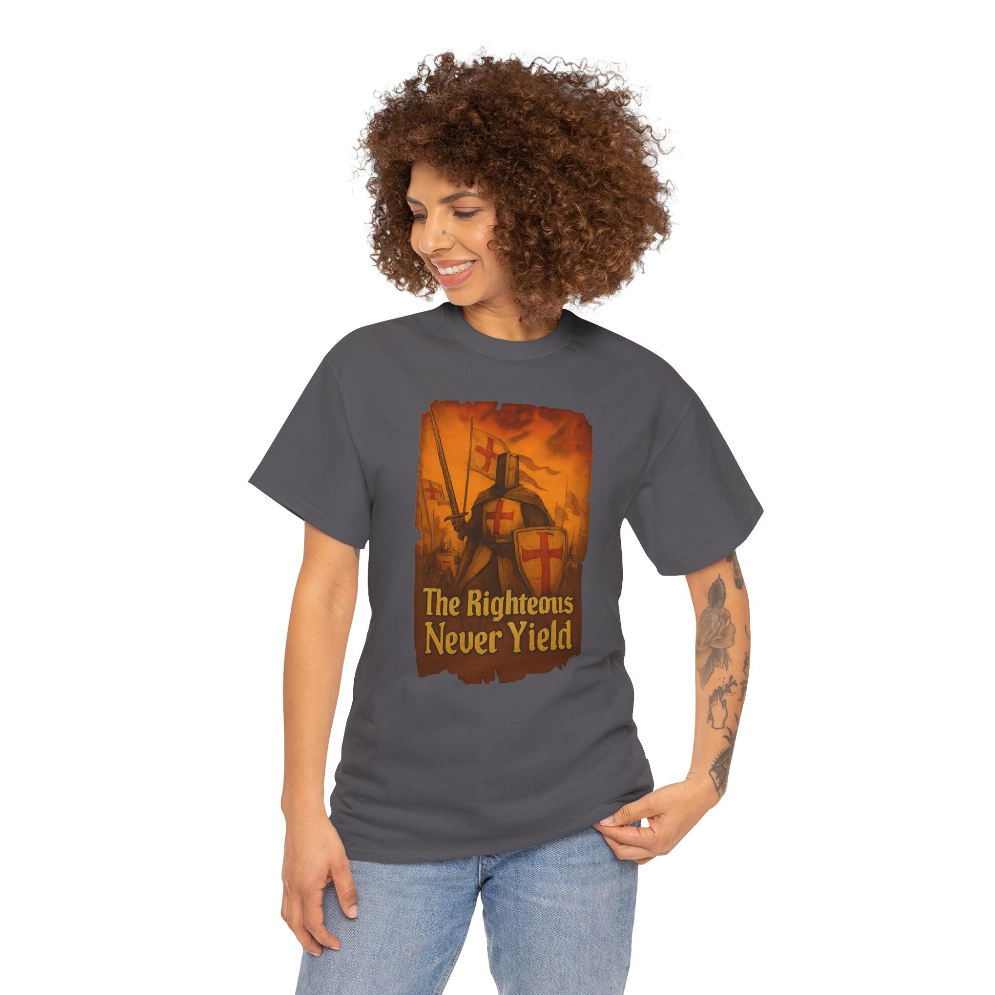 The Righteous Never Yield in bold medieval font - Unisex Heavy Cotton Tee - Image 8