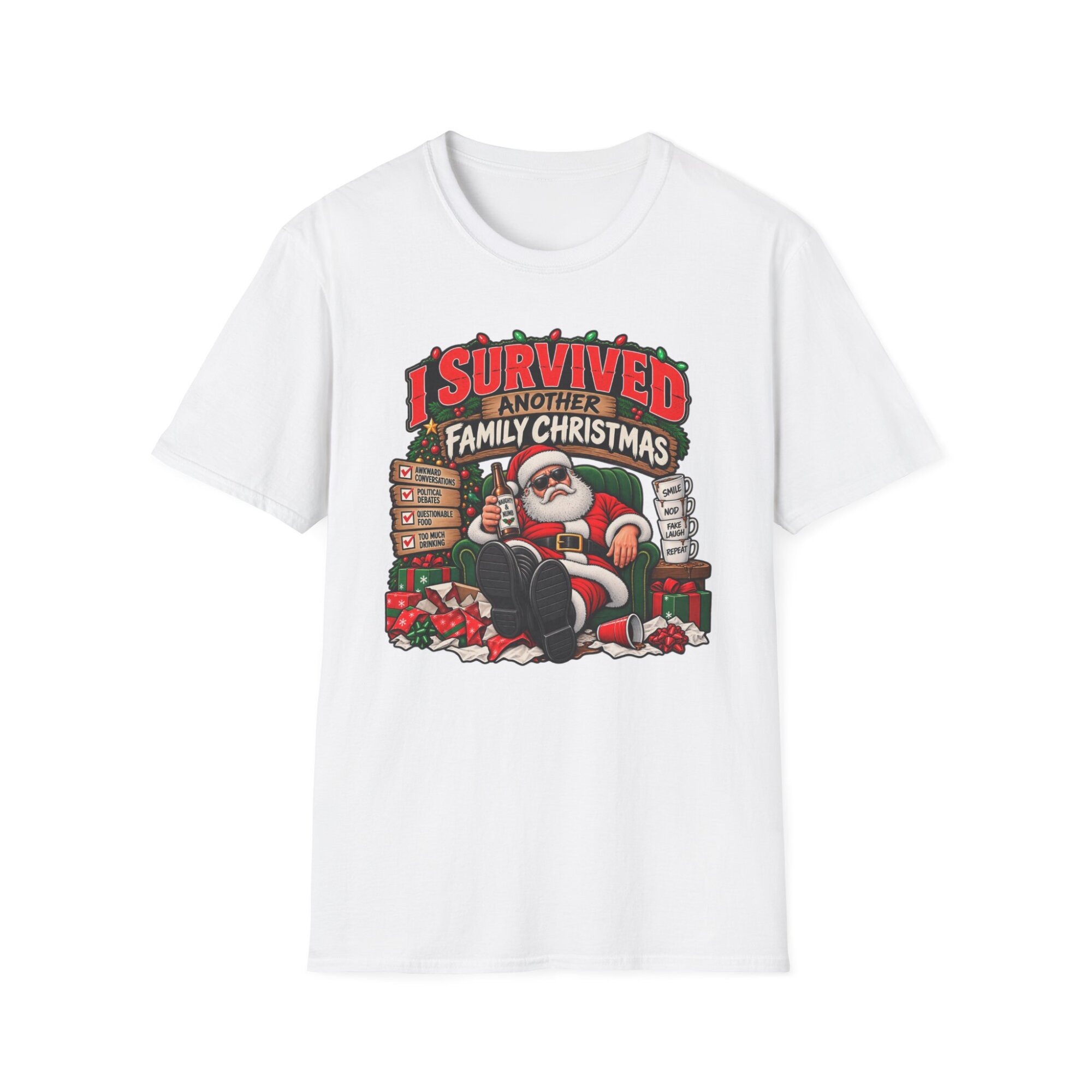 I Survived Another Family Christmas T-Shirt, Santa Chair Design S015
