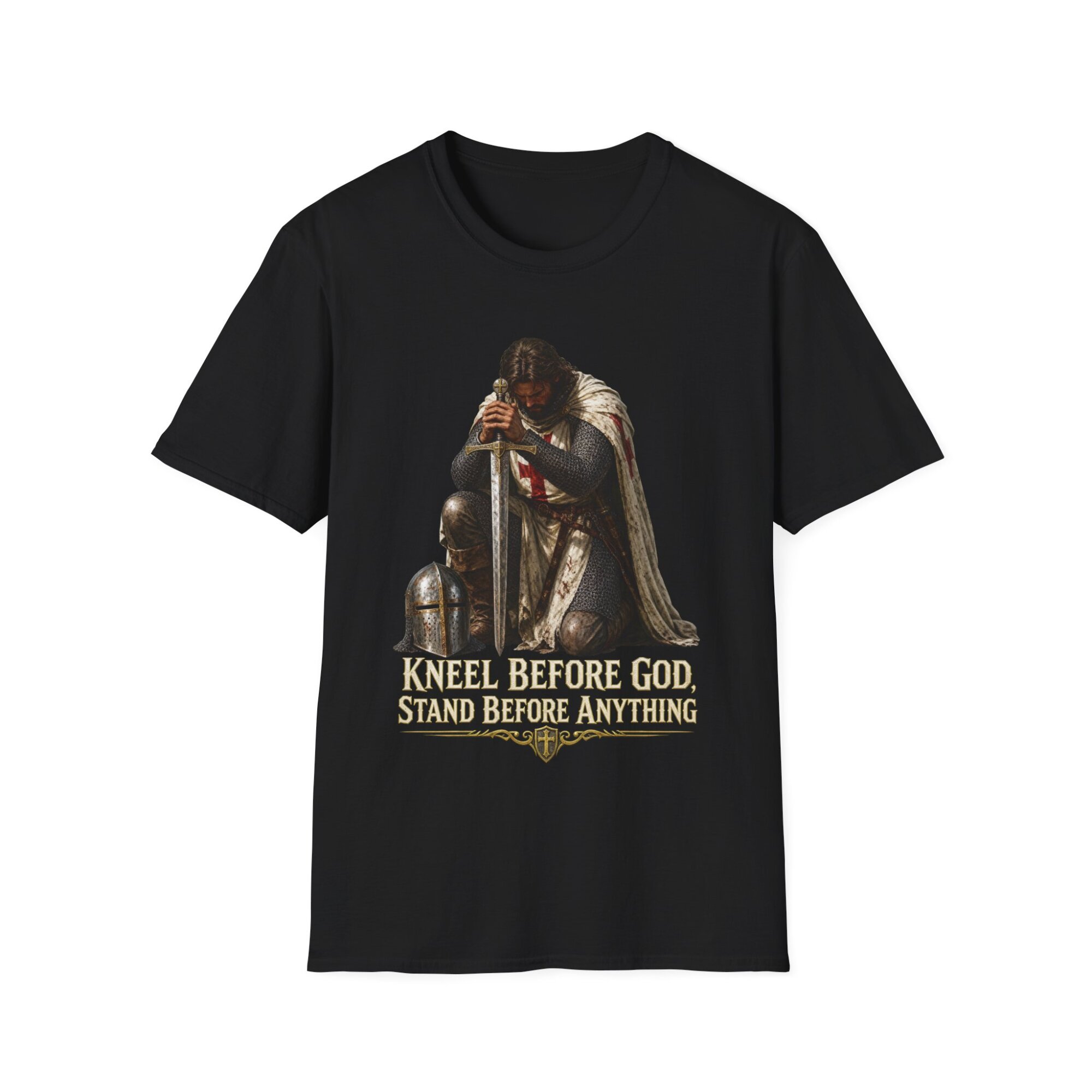 Medieval Knight Kneeling Before God T-Shirt | Religious Armor Design C014 - Image 2