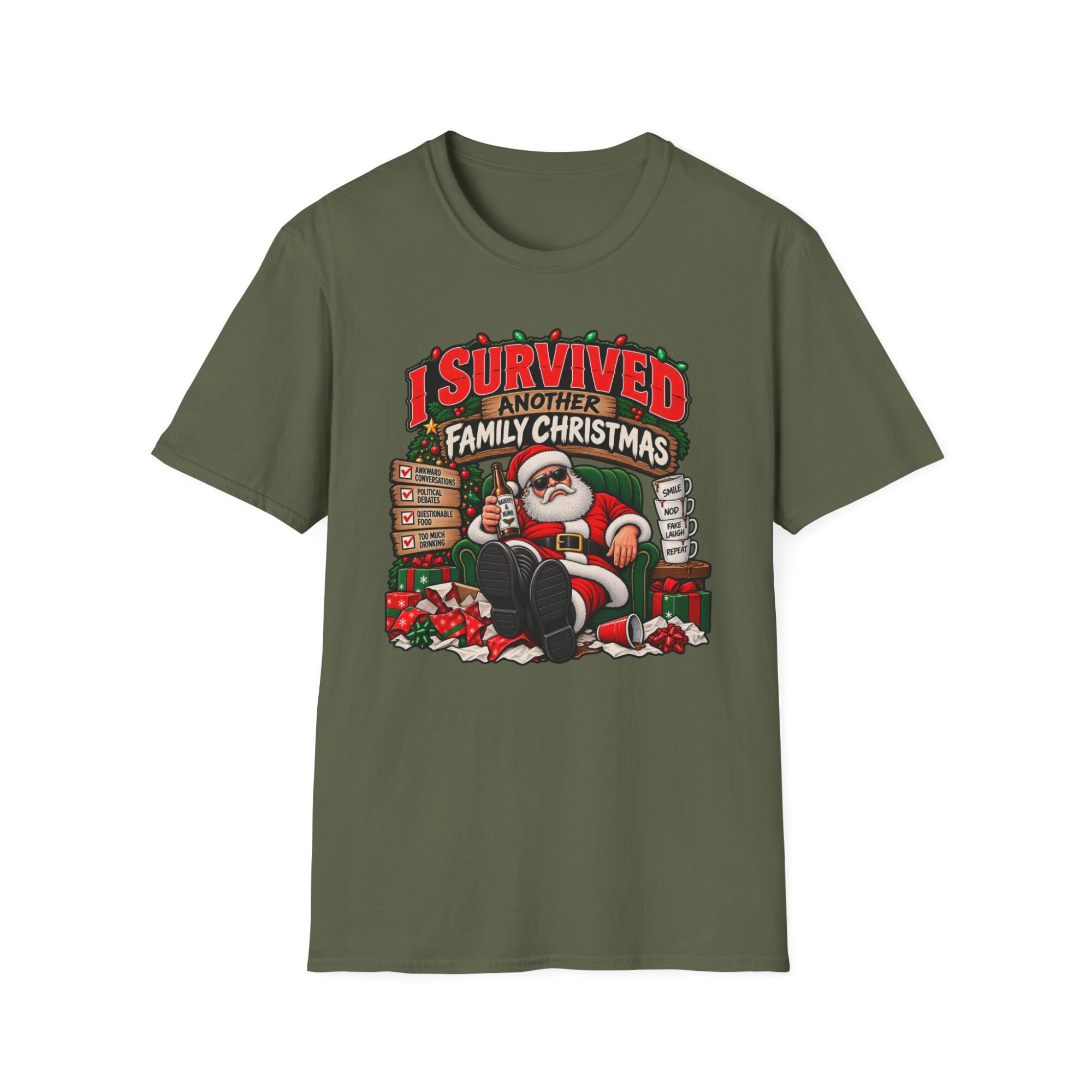 I Survived Another Family Christmas T-Shirt, Santa Chair Design S015 - Image 3