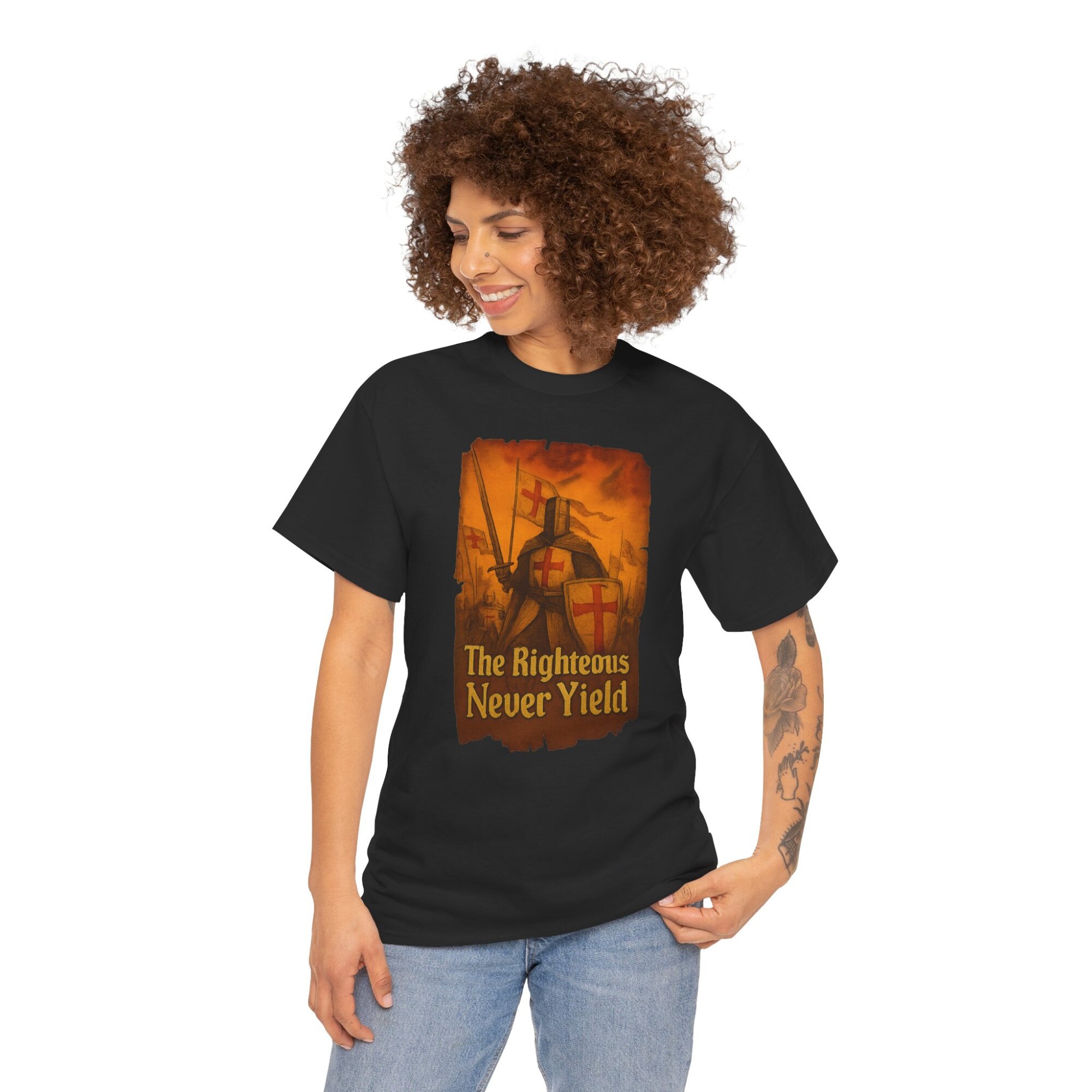 The Righteous Never Yield in bold medieval font - Unisex Heavy Cotton Tee - Image 4